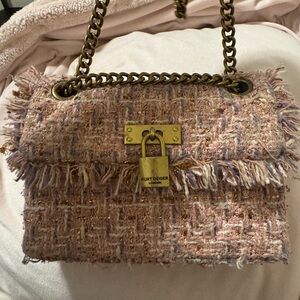 Kurt Geiger Blush Tweed Shoulder Bag with Gold Chain